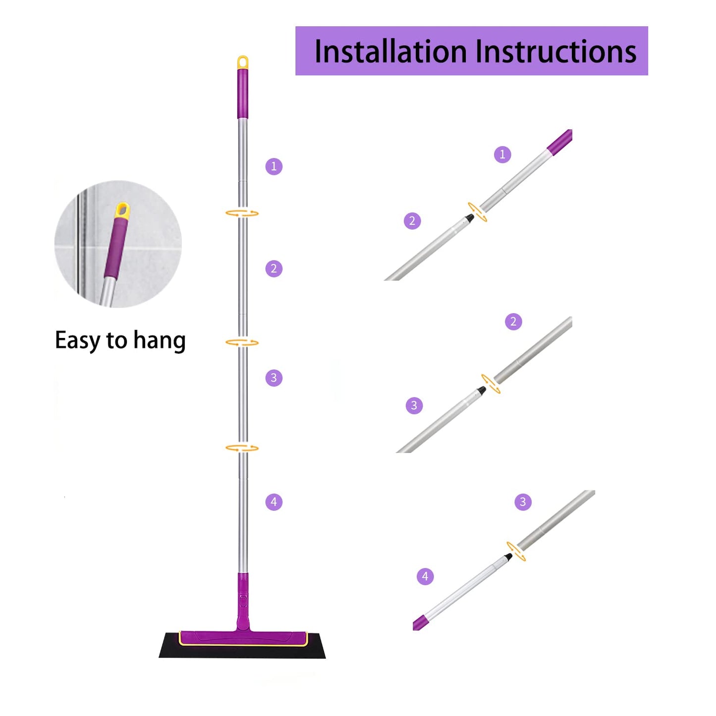 CLEANHOME Lightweight Floor Squeegee Broom 51” Long Handle for Bathroom Tile Wood Floor Glass Window Shower Pool Pet Hair Wiper Cleaning Squeegee Broom (Purple)