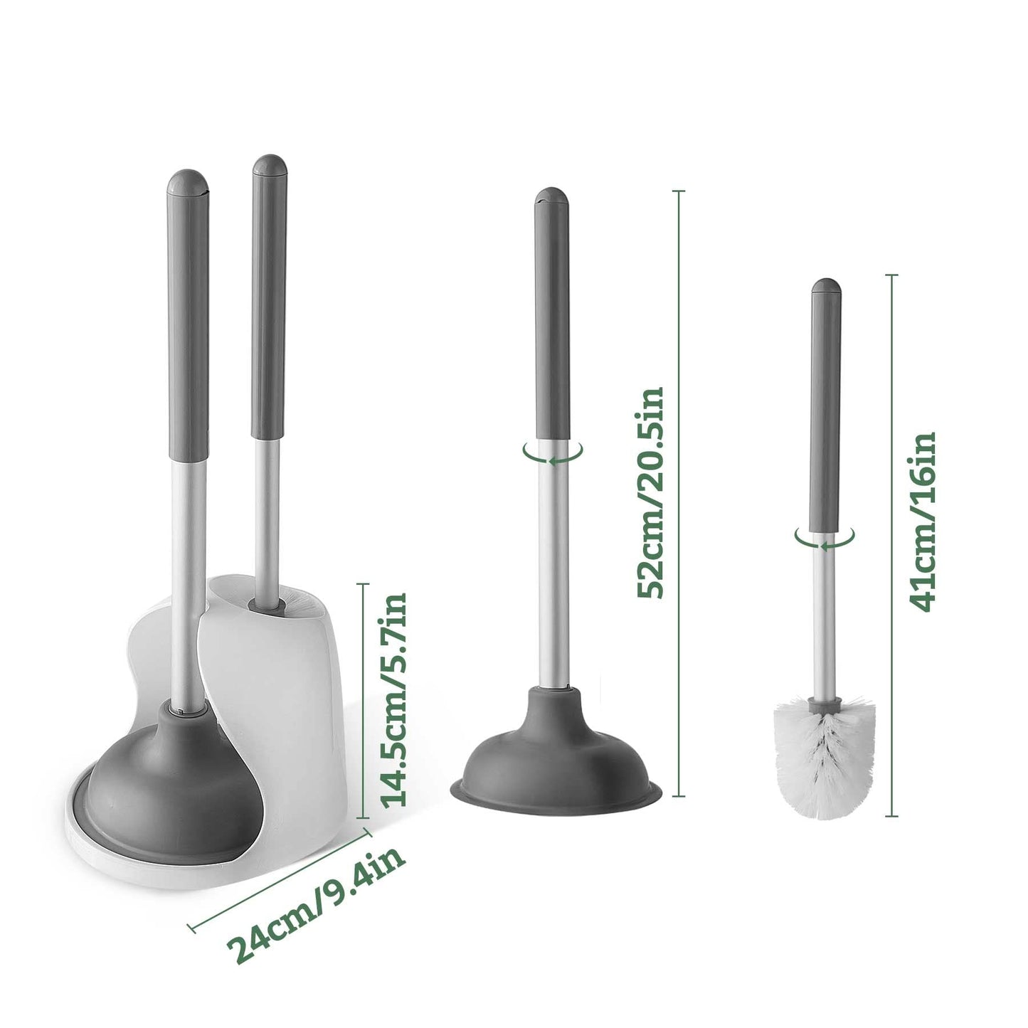 Eyliden Toilet Plunger and Brush Combo with Holder, 2 in 1 Toilet Bowl Brush Plunger Set with 2pcs Replacement Brushes Head, Deep Cleaning, Aluminum Handle, Compact Toilet Bowl Brush Set (White)