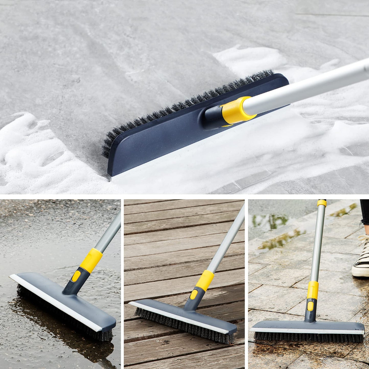 Yocada Floor Squeegee Scrubber and Floor Scrub Brush Set Telescopic Handle for Garage Courtyard Shower Bathroom Pet Hair Fur Floor Marble Glass Tile Water Foam Cleaning