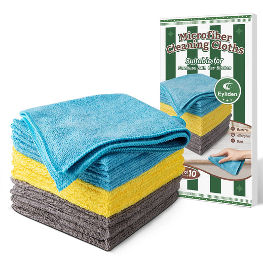 Eyliden Microfiber Cleaning Cloth, Pack of 10, Cleaning Towels with 3 Color, Lint Free Dishwashing Towel, Softer Ultra Absorbent Cleaning Rags for Furniture Kitchen Window Car - 12.6x12.6 inch