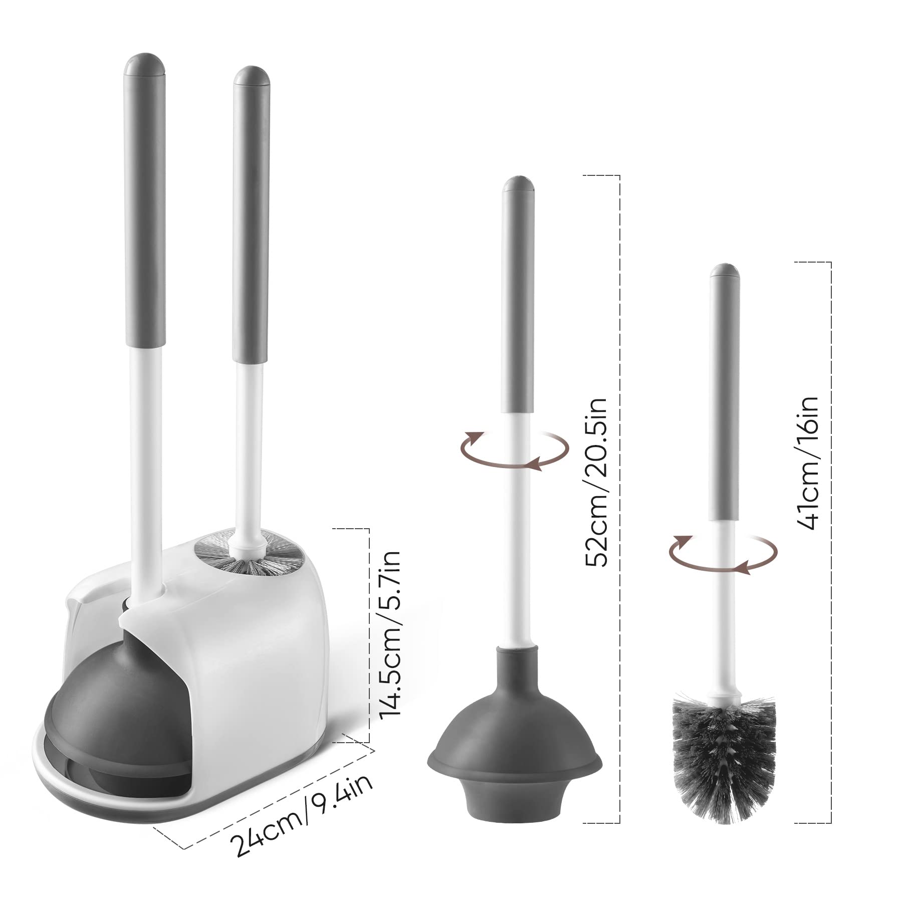  Eyliden Toilet Bowl Brush and Plunger Combo with 2pcs  Replacement Brush Head, 2 in 1 Toilet Brush Plunger Set for Bathroom  Cleaning, Aluminum Handle, Compact Toilet Bowl Brush Set (White) 