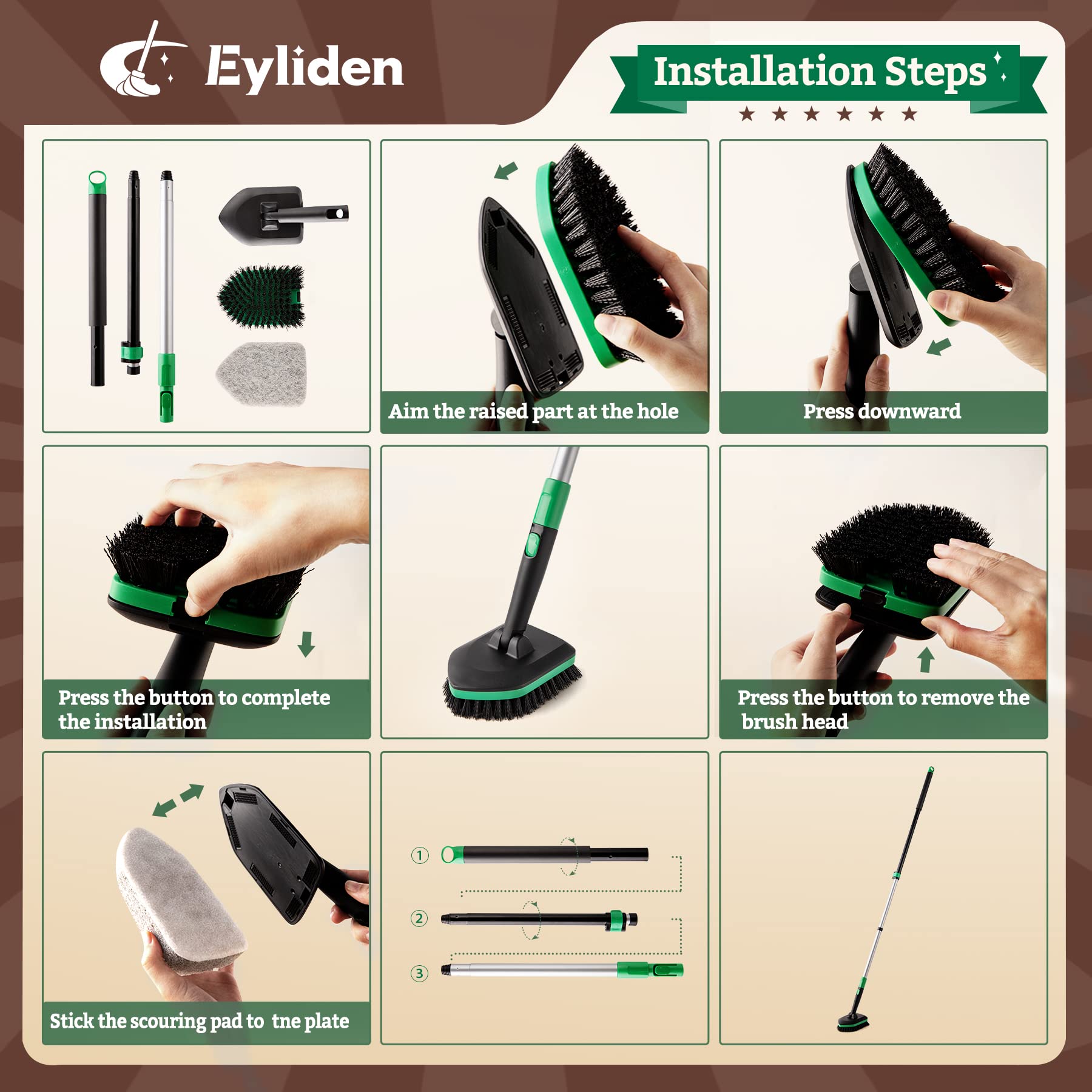 Eyliden Tub Scrubber with Long Handle, Tub and Tile Scrubber Brush - 5  Scouring Pads, 1 Brush Head - No Scratch Scrubber Brushes for Bathroom  Kitchen